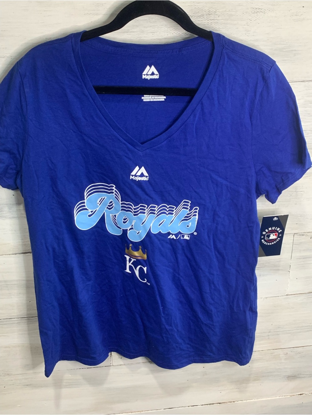 Majestic KC Royals V-Neck Tee with Light Blue and Gold Graphics